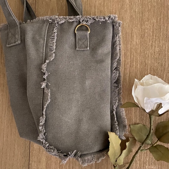 Gray Fringe Canvas Tote Bag, Zips Closed across the top - Picture 13 of 16